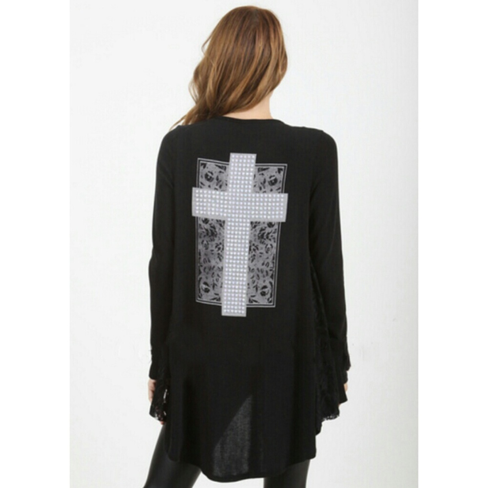 VOCAL Side Lace Inset Stone Cross Cardigan